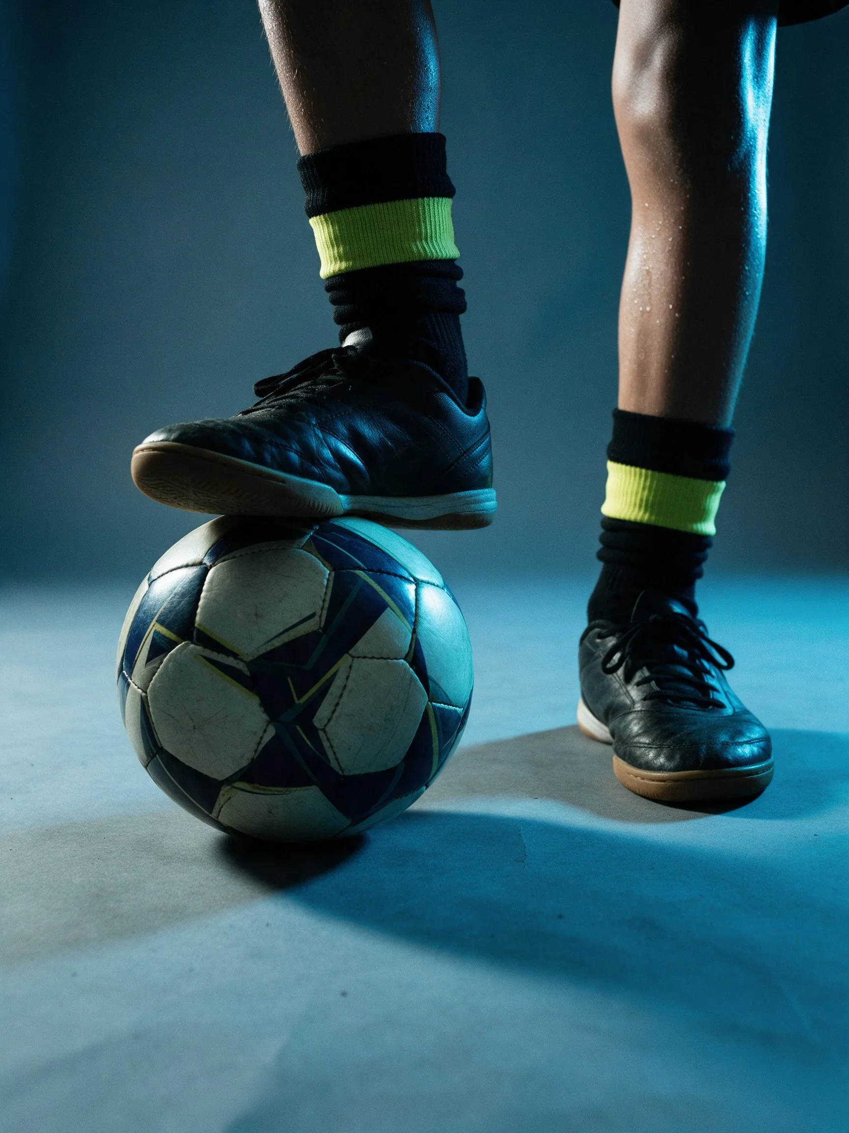 Close-up of a futsal shoe resting on the ball